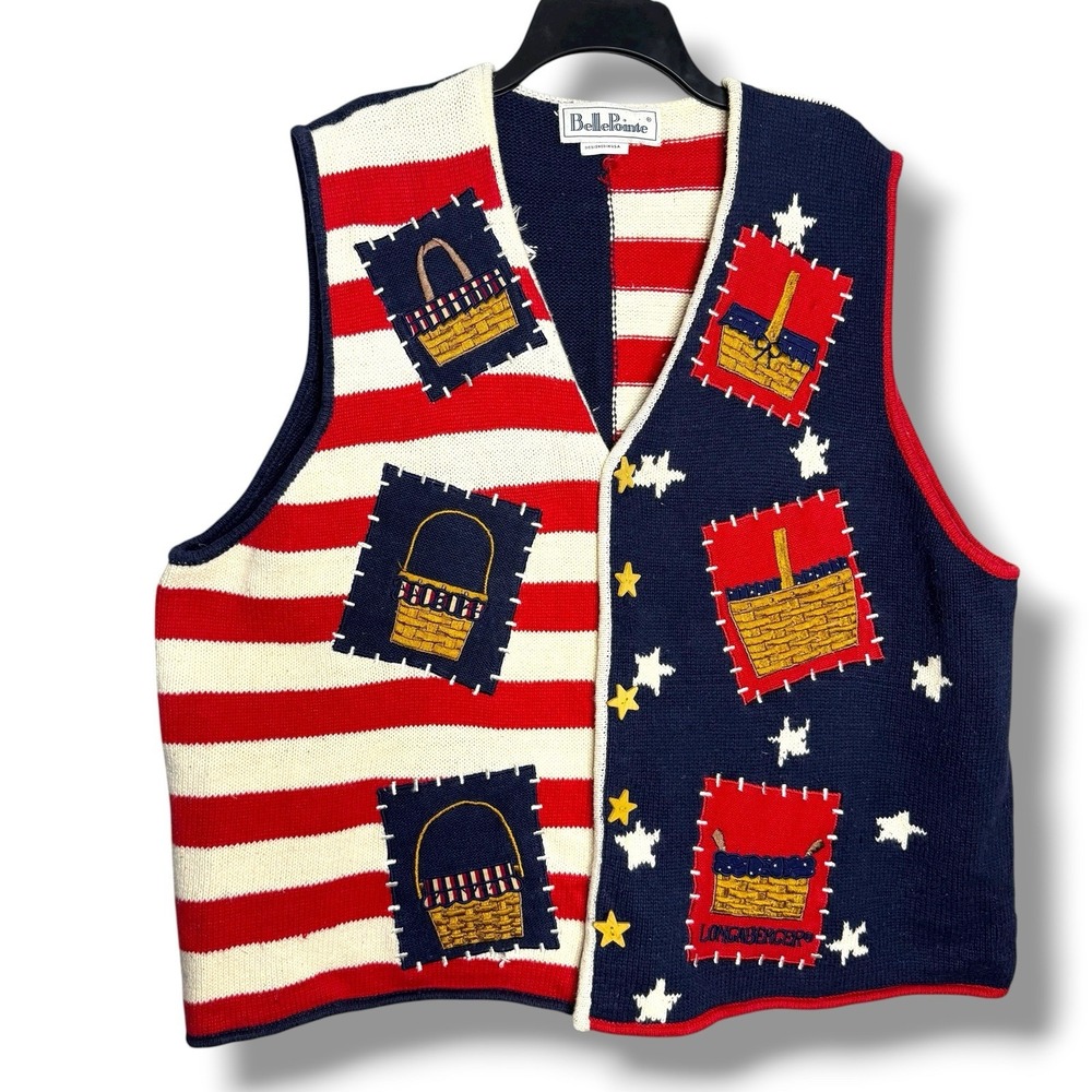 Vintage Patriotic Longaberger Basket Knit Sweater Vest Rare Unique‎ 90s Size XL